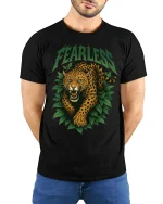 Fearless Leopard Graphic Tshirt Wild Jungle Power Art Tee - model wearing black tee with hands behind back