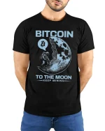 Bitcoin To The Moon Keep Mining Graphic Tshirt Crypto Space Tee - model wearing black tee with hands behind back