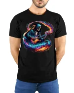 Flaming Guitar Reaper Graphic Tshirt Rock Music Fantasy Art Tee - model wearing black tee with hands behind back