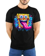 Crazy Sponge Cartoon Graphic Tshirt Trippy Funny Art Tee - model wearing black tee with hands behind back