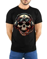 Skull Pilot Headset Graphic Tshirt Fierce Gamer Style Art Tee - model wearing black tee with hands behind back