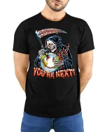 Doom Is Day Grim Reaper Graphic Tshirt Dark Horror Art Tee - model wearing black tee with hands behind back