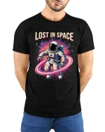 Lost In Space Astronaut Graphic Tshirt Retro Galaxy Art Tee - model wearing black tee with hands behind back