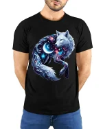 Cosmic Moon Wolf Graphic Tshirt Galaxy Spirit Animal Art Tee - model wearing black tee with hands behind back