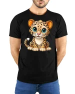 Cute Baby Leopard Cub Graphic Tshirt Adorable Cartoon Art Tee - model wearing black tee with hands behind back