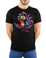 Colorful Happy Toucan Cartoon Graphic Tshirt Fun Tropical Art Tee - model wearing black tee with hands behind back
