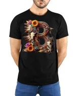 Boho Letter B Wolf Skull Floral Art Graphic Tshirt Nature Tee - model wearing black tee with hands behind back