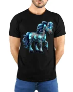 Glowing Fantasy Horse Graphic Tshirt Mystical Neon Art Tee - model wearing black tee with hands behind back
