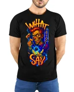 Inhat Tattoo Say Crazy Artist Graphic Tshirt Bold Street Art Tee - model wearing black tee with hands behind back