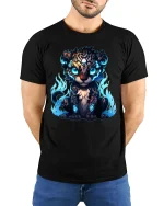 Mystic Flame Leopard Cub Graphic Tshirt Glowing Fantasy Art Tee - model wearing black tee with hands behind back