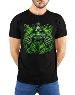 Toxic Gamer Skull Graphic Tshirt Neon Horror Gaming Art Tee - model wearing black tee with hands behind back