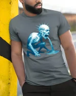 Frozen Screaming Creature Graphic Tshirt Dark Horror Art Tee - model wearing grey tee, leaning on column