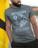 Bitcoin To The Moon Keep Mining Graphic Tshirt Crypto Space Tee - model wearing grey tee, leaning on column
