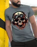 Skull Pilot Headset Graphic Tshirt Fierce Gamer Style Art Tee - model wearing grey tee, leaning on column