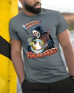 Doom Is Day Grim Reaper Graphic Tshirt Dark Horror Art Tee - model wearing grey tee, leaning on column