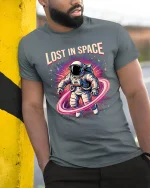 Lost In Space Astronaut Graphic Tshirt Retro Galaxy Art Tee - model wearing grey tee, leaning on column