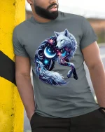 Cosmic Moon Wolf Graphic Tshirt Galaxy Spirit Animal Art Tee - model wearing grey tee, leaning on column