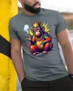 King Monkey Street Style Graphic Tshirt Funny Royal Art Tee - model wearing grey tee, leaning on column