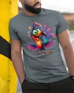 Colorful Happy Toucan Cartoon Graphic Tshirt Fun Tropical Art Tee - model wearing grey tee, leaning on column