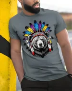 Tribal Bear Headdress Feather Art Graphic Tshirt Powerful Spirit Tee - model wearing grey tee, leaning on column
