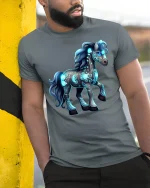 Glowing Fantasy Horse Graphic Tshirt Mystical Neon Art Tee - model wearing grey tee, leaning on column