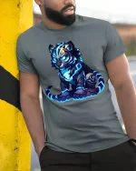 Glowing Spirit Tiger Cub Graphic Tshirt Neon Fantasy Art Tee - model wearing grey tee, leaning on column
