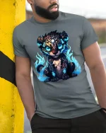 Mystic Flame Leopard Cub Graphic Tshirt Glowing Fantasy Art Tee - model wearing grey tee, leaning on column