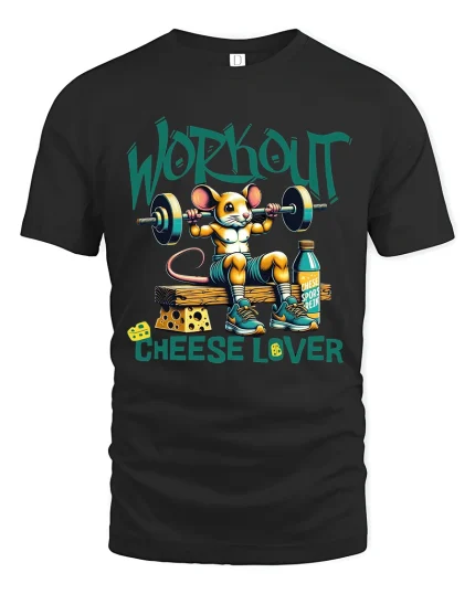 Workout Cheese Lover T Shirt Funny Gym Mouse Art - black t-shirt on white background