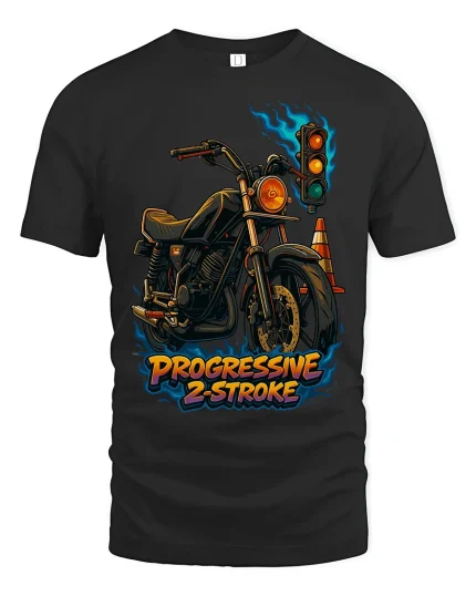 Progressive 2 Stroke T Shirt Retro Motorcycle Art - black t-shirt on white background