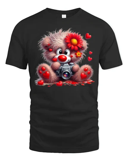 Cute Teddy Bear Camera T Shirt Heart Lover Art - black t-shirt on white background