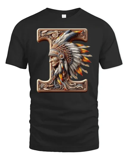 Letter I Native Chief T Shirt Tribal Art Design - black t-shirt on white background