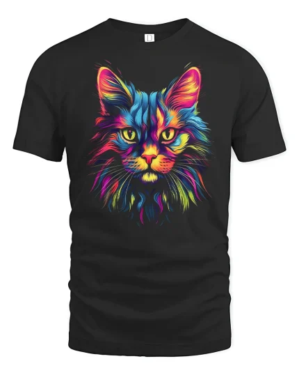 Neon Rainbow Cat T Shirt Vibrant Feline Art - black t-shirt on white background