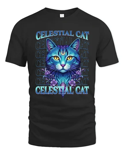 Celestial Cat T Shirt Mystic Moonlight Feline Art - black t-shirt on white background