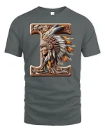 Letter I Native Chief T Shirt Tribal Art Design - gray t-shirt on white background