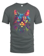 Neon Rainbow Cat T Shirt Vibrant Feline Art - gray t-shirt on white background