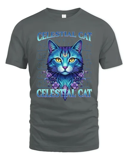 Celestial Cat T Shirt Mystic Moonlight Feline Art - gray t-shirt on white background