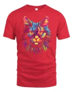 Neon Rainbow Cat T Shirt Vibrant Feline Art - red t-shirt on white background