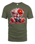 Cute Teddy Bear Camera T Shirt Heart Lover Art - military green t-shirt on white background