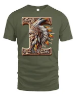 Letter I Native Chief T Shirt Tribal Art Design - military green t-shirt on white background