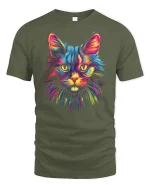 Neon Rainbow Cat T Shirt Vibrant Feline Art - military green t-shirt on white background