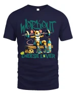 Workout Cheese Lover T Shirt Funny Gym Mouse Art - navy t-shirt on white background