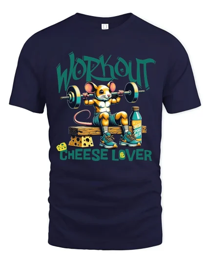 Workout Cheese Lover T Shirt Funny Gym Mouse Art - navy t-shirt on white background