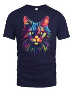 Neon Rainbow Cat T Shirt Vibrant Feline Art - navy t-shirt on white background