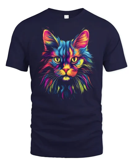 Neon Rainbow Cat T Shirt Vibrant Feline Art - navy t-shirt on white background