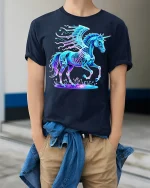 Neon Cyber Unicorn T Shirt Magical Winged Beast Glow - model wearing navy tee with hands in pockets