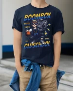 Boombox Battle 1984 Oldschool T Shirt Retro Vibes - model wearing navy tee with hands in pockets