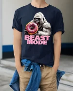 Beast Mode Gorilla Donut T Shirt Funny Savage Style - model wearing navy tee with hands in pockets