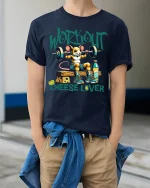 Workout Cheese Lover T Shirt Funny Gym Mouse Art - model wearing navy tee with hands in pockets