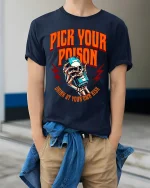 Pick Your Poison T Shirt Skull Drink Graphic - model wearing navy tee with hands in pockets