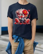 Cute Teddy Bear Camera T Shirt Heart Lover Art - model wearing navy tee with hands in pockets